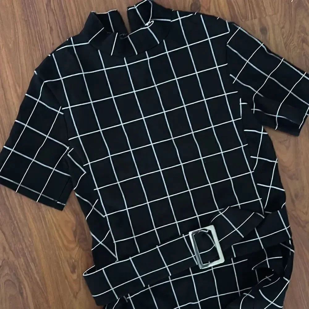 Zara black and white classy Check fitted stretch dress knit mock turtleneck ￼si